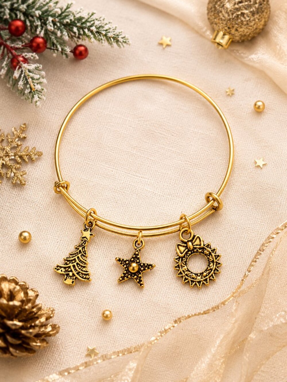 Gold Christmas Charm Bangle Bracelet Tree Star Wreath Holiday Jewelry